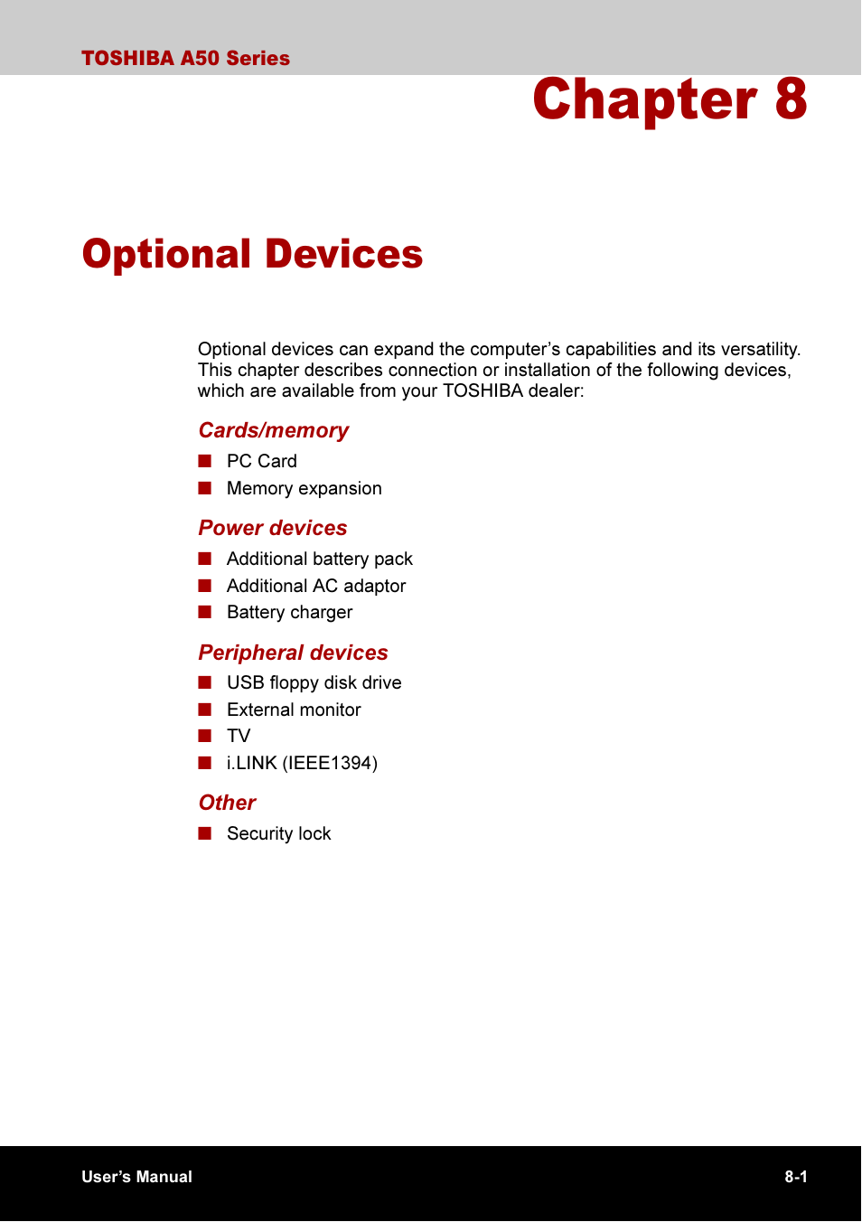 Chapter 8 optional devices, Chapter 8, Optional devices | Apter 8 | Toshiba A50 User Manual | Page 133 / 211