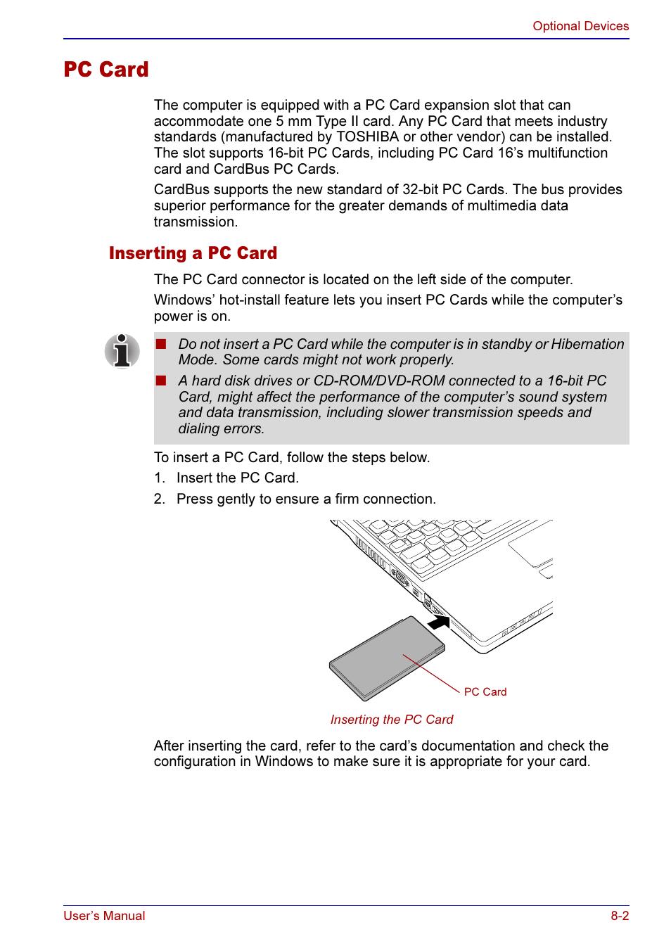 Pc card -2, Inserting a pc card -2, Pc card | Inserting a pc card | Toshiba A50 User Manual | Page 134 / 211