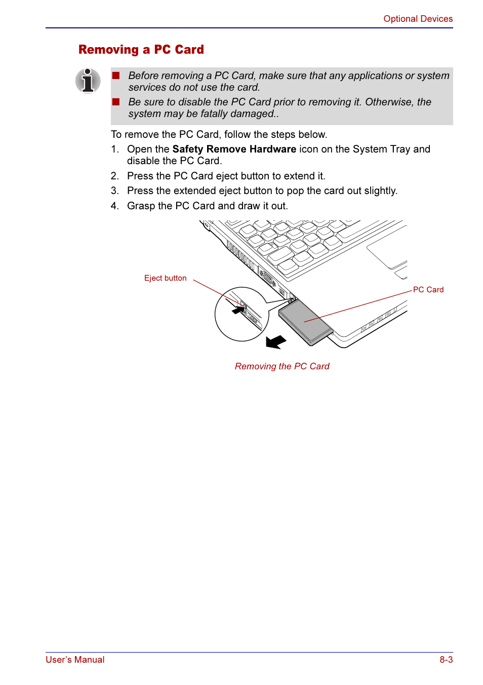 Removing a pc card -3, Removing a pc card | Toshiba A50 User Manual | Page 135 / 211