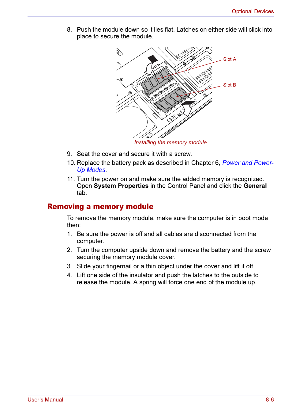 Removing a memory module -6 | Toshiba A50 User Manual | Page 138 / 211