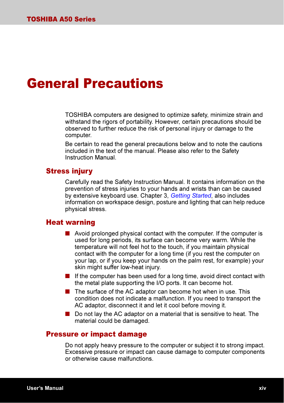 General precautions | Toshiba A50 User Manual | Page 14 / 211