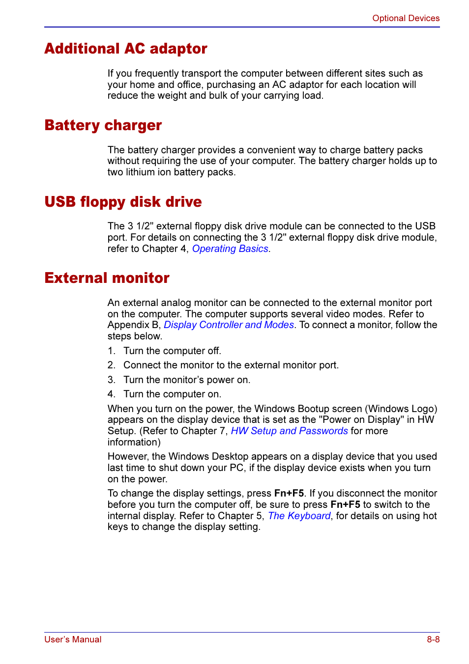 Additional ac adaptor, Battery charger, Usb floppy disk drive | External monitor | Toshiba A50 User Manual | Page 140 / 211
