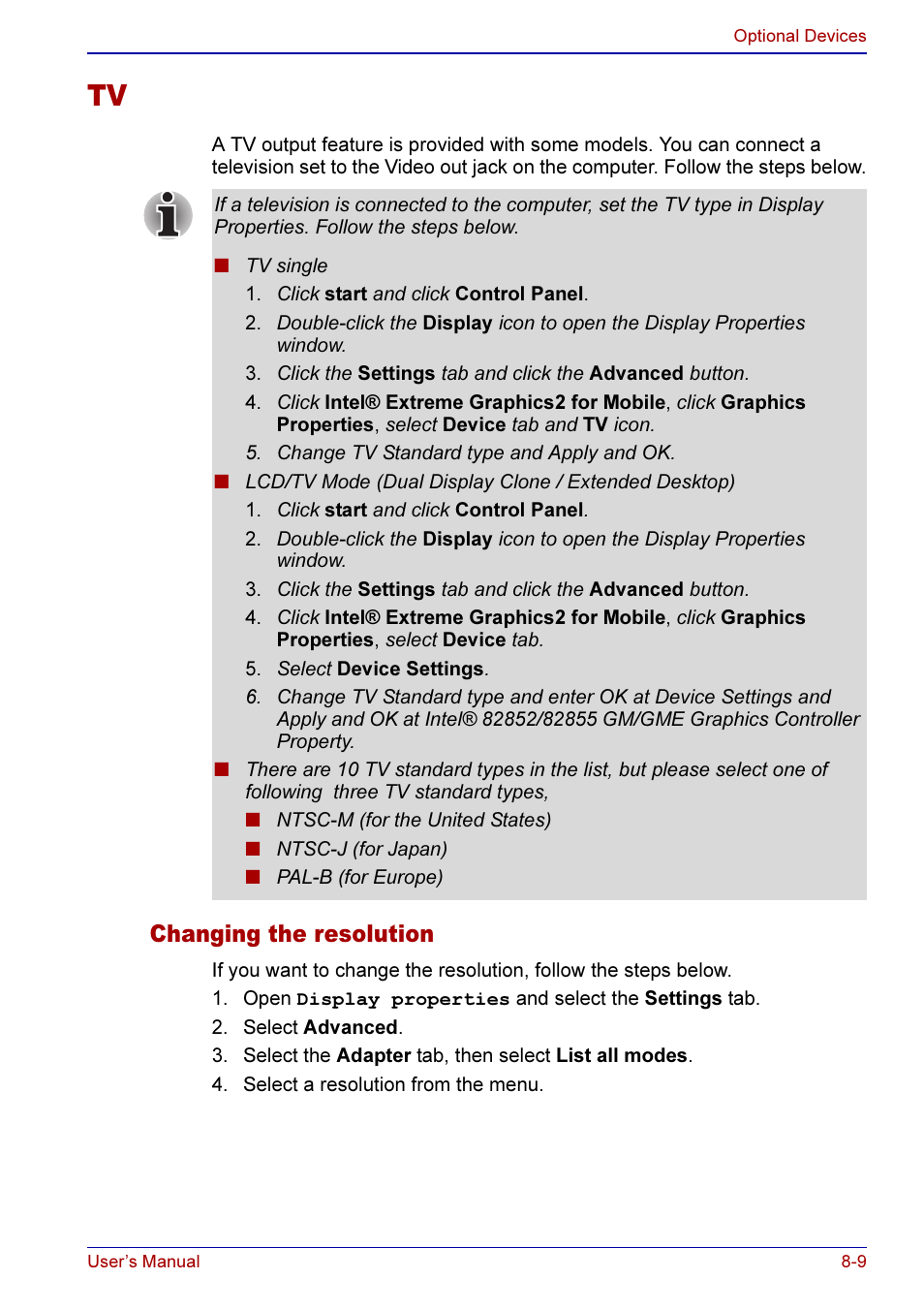 Tv -9, Changing the resolution -9, Changing the resolution | Toshiba A50 User Manual | Page 141 / 211