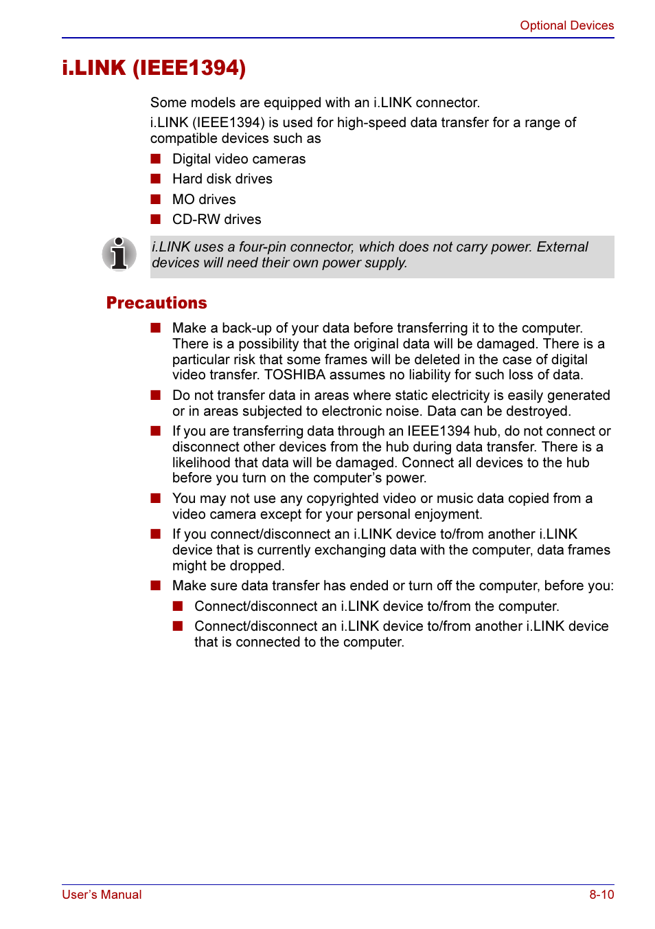 I.link (ieee1394) -10, Precautions -10, I.link (ieee1394) | Precautions | Toshiba A50 User Manual | Page 142 / 211