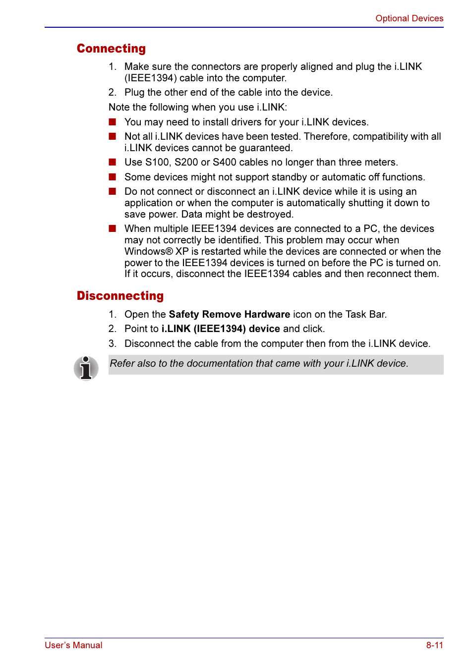 Connecting -11 disconnecting -11, Connecting, Disconnecting | Toshiba A50 User Manual | Page 143 / 211