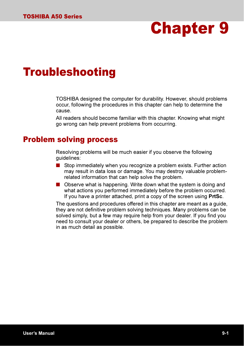 Chapter 9 troubleshooting, Chapter 9, Troubleshooting | Problem solving process -1, Apter 9, Troubleshoot, Problem solving process | Toshiba A50 User Manual | Page 145 / 211