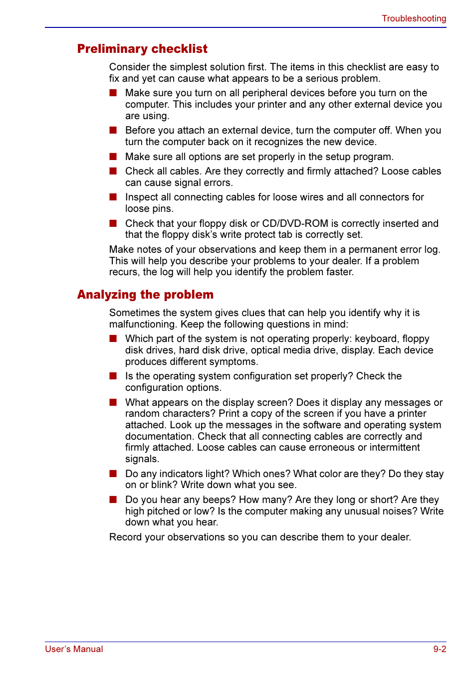 Preliminary checklist -2 analyzing the problem -2, Preliminary checklist, Analyzing the problem | Toshiba A50 User Manual | Page 146 / 211