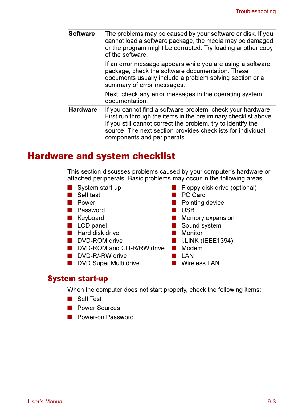 Hardware and system checklist -3, System start-up -3, Hardware and system checklist | System start-up | Toshiba A50 User Manual | Page 147 / 211