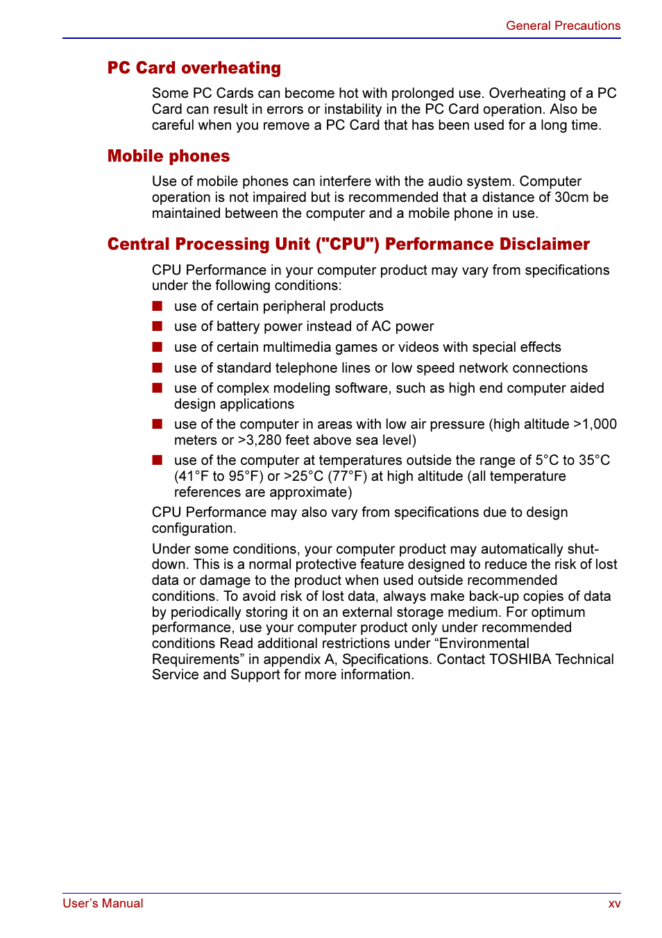 Pc card overheating, Mobile phones | Toshiba A50 User Manual | Page 15 / 211