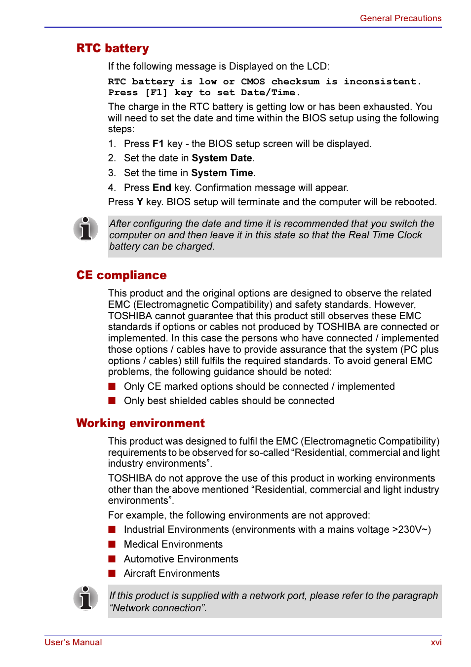 Rtc battery, Ce compliance, Working environment | Toshiba A50 User Manual | Page 16 / 211