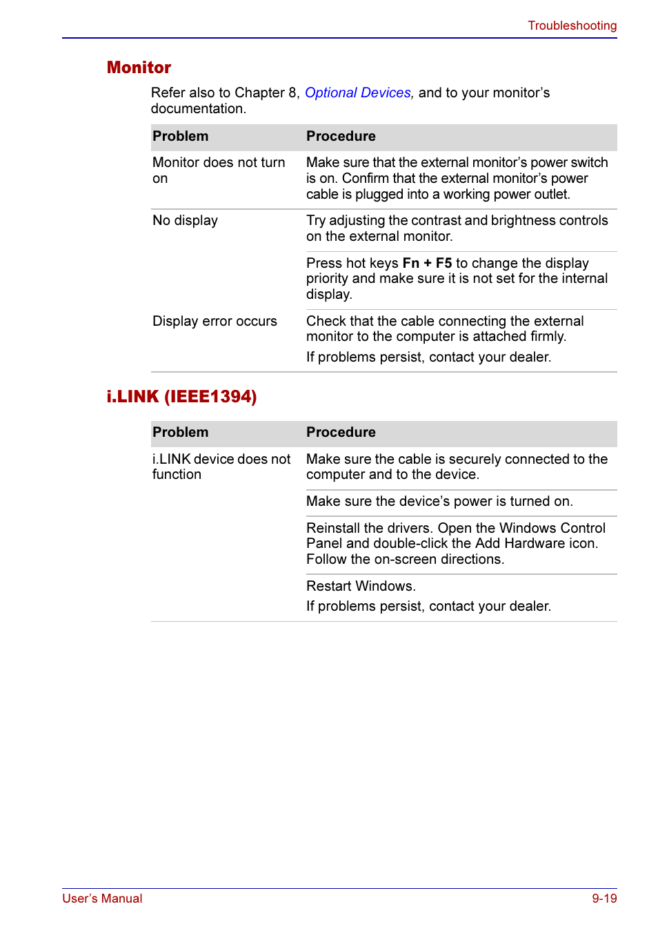 Monitor -19 i.link (ieee1394) -19, Monitor, I.link (ieee1394) | Toshiba A50 User Manual | Page 163 / 211