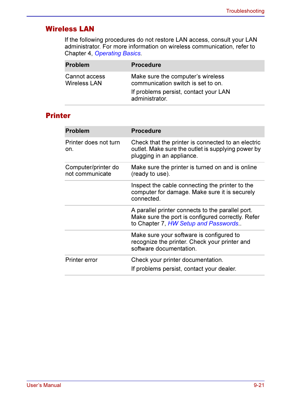 Wireless lan -21 printer -21, Wireless lan, Printer | Toshiba A50 User Manual | Page 165 / 211