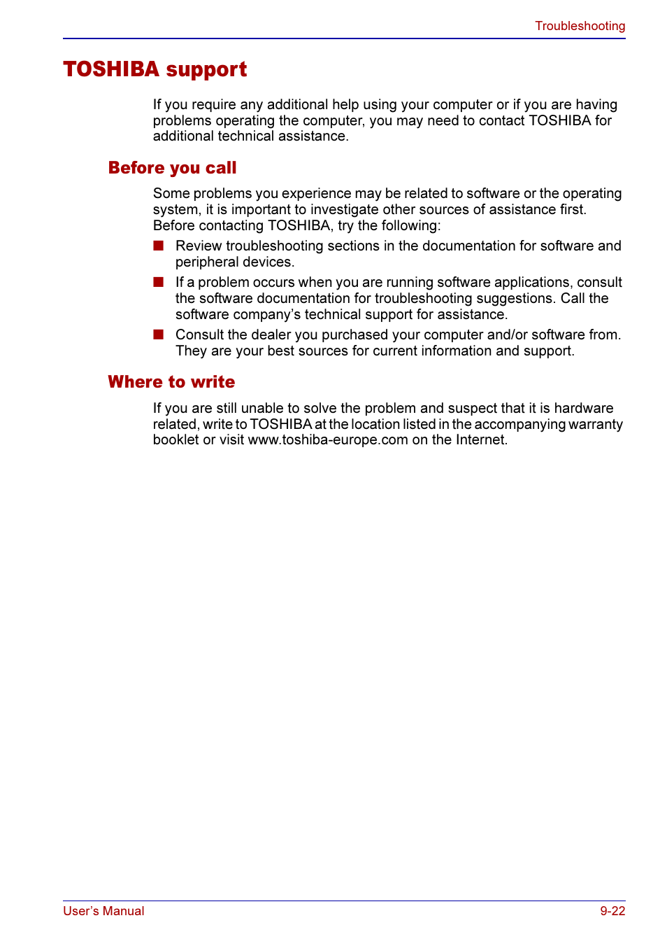 Toshiba support -22, Before you call -22 where to write -22, Toshiba support | Toshiba A50 User Manual | Page 166 / 211