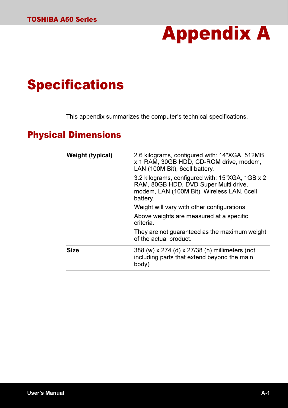 Appendix a specifications, Appendix a, Specifications | Physical dimensions | Toshiba A50 User Manual | Page 167 / 211