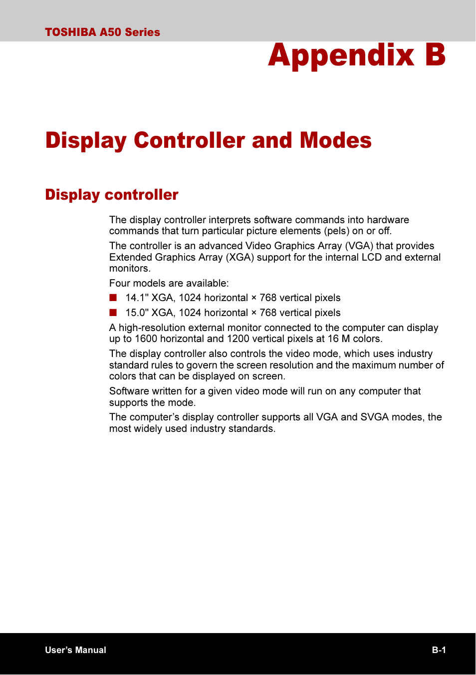 Appendix b display controller and modes, Appendix b, Display controller and modes | Display controller and, Modes, Display controller | Toshiba A50 User Manual | Page 170 / 211