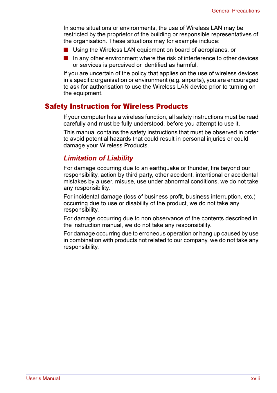 Safety instruction for wireless products | Toshiba A50 User Manual | Page 18 / 211