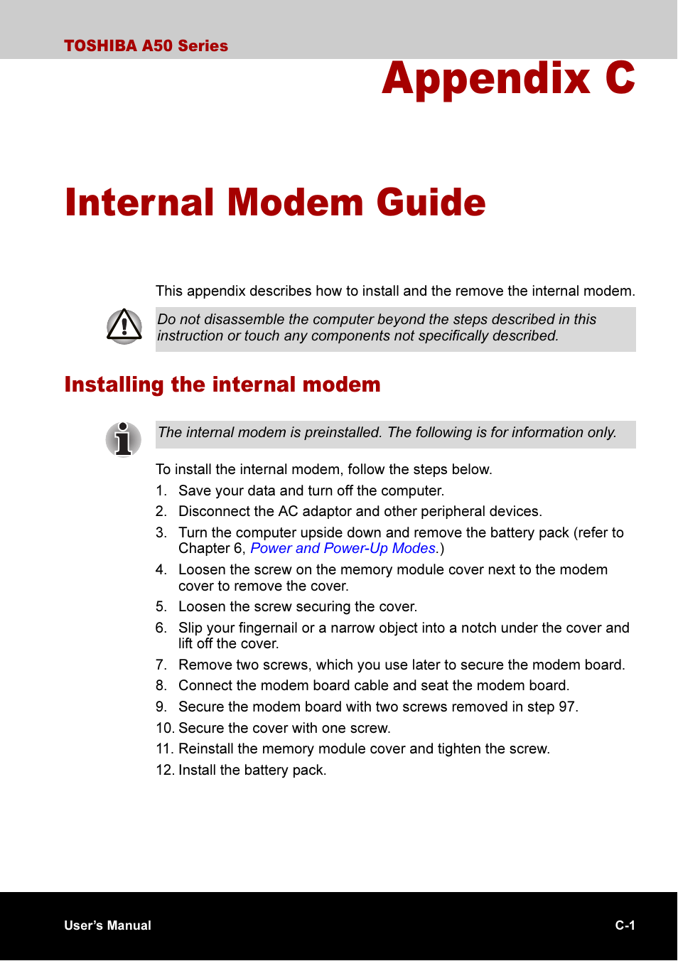 Appendix c internal modem guide, Appendix c, Internal modem guide | Installing the internal modem | Toshiba A50 User Manual | Page 183 / 211