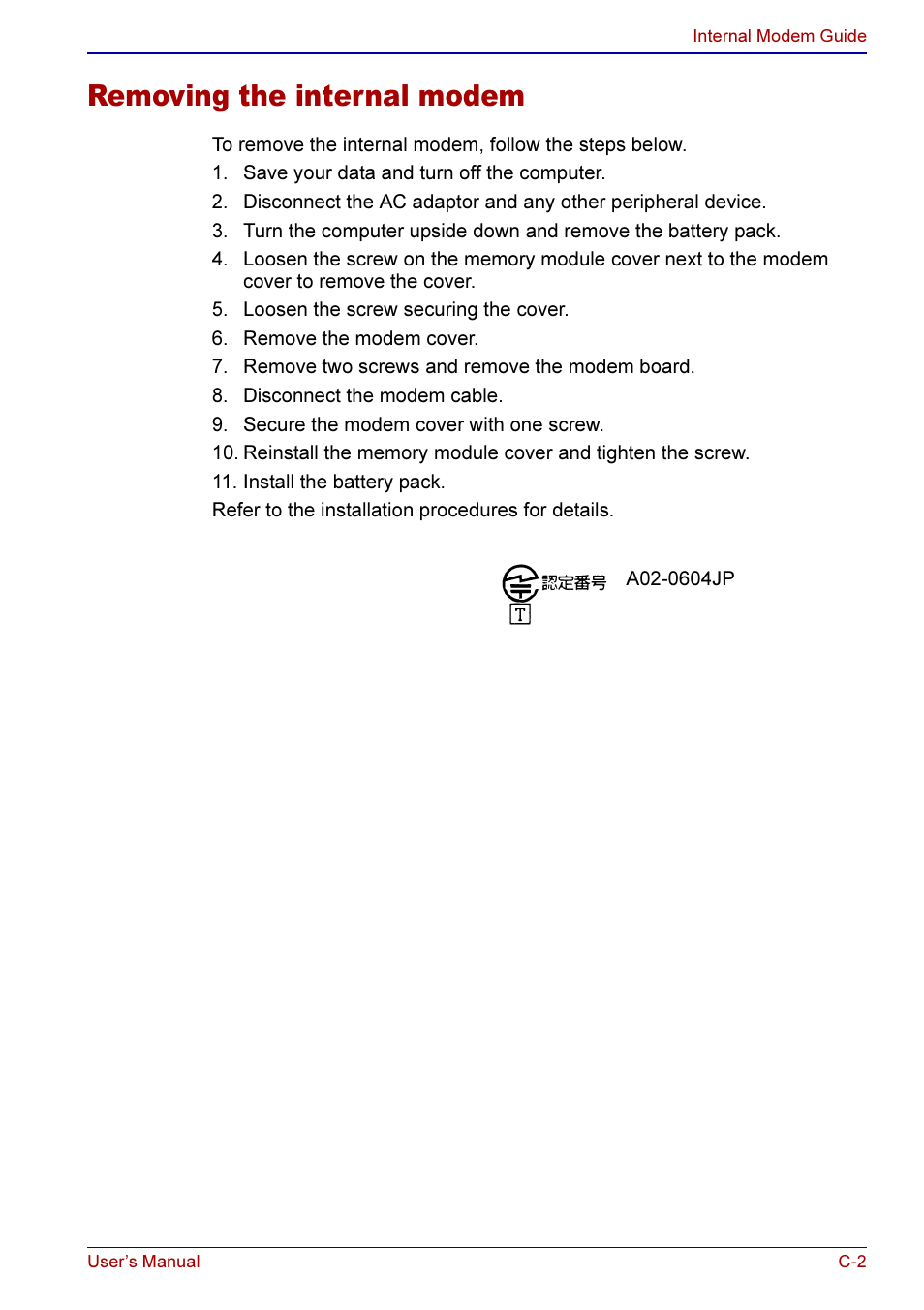 Removing the internal modem | Toshiba A50 User Manual | Page 184 / 211