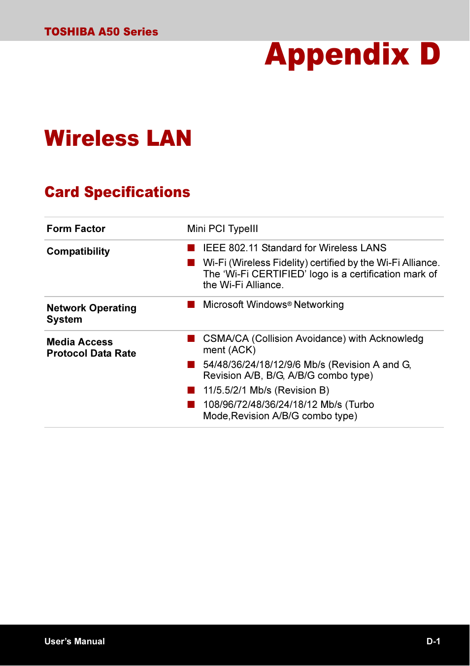 Appendix d wireless lan, Appendix d, Wireless lan | Card specifications | Toshiba A50 User Manual | Page 185 / 211