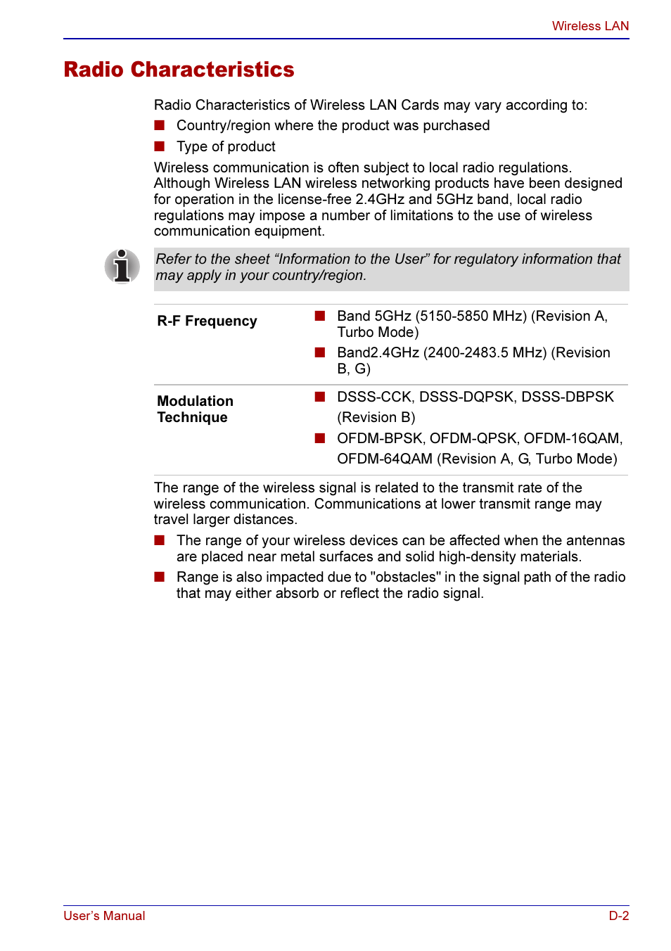 Radio characteristics | Toshiba A50 User Manual | Page 186 / 211