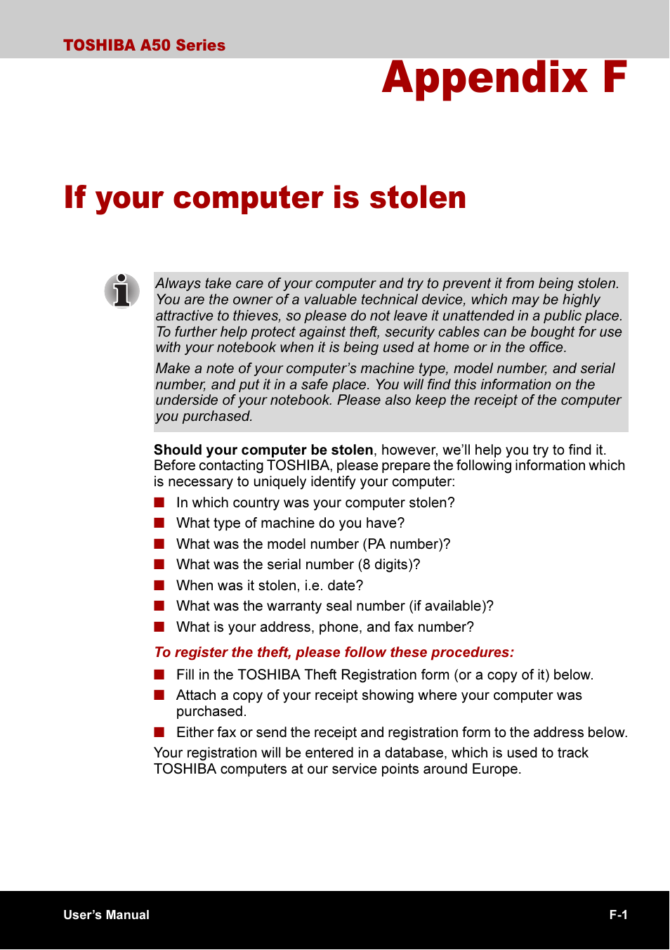 Appendix f if your computer is stolen, Appendix f, If your computer is stolen | Toshiba A50 User Manual | Page 192 / 211