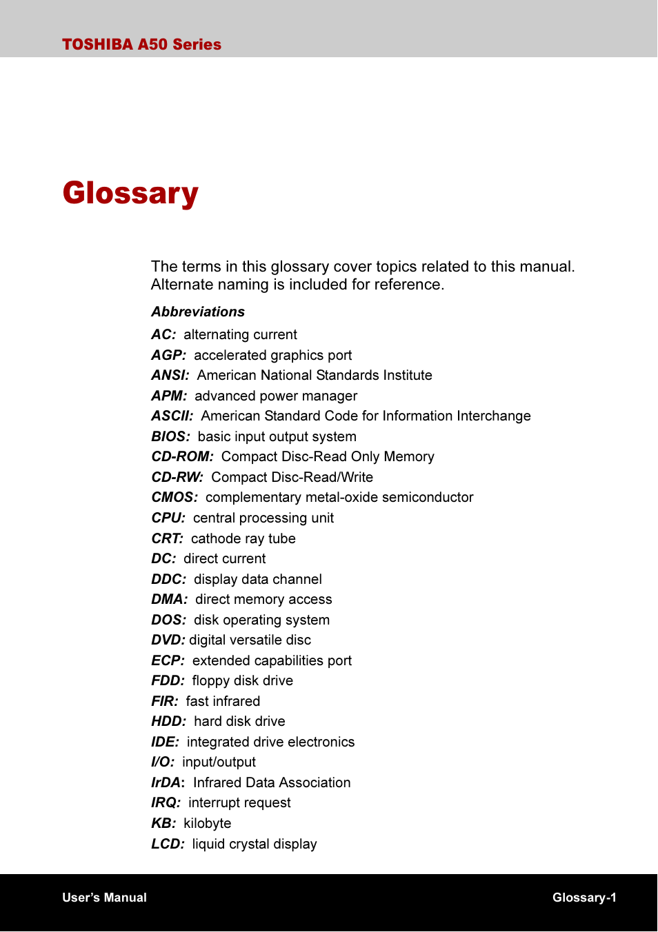 Glossary | Toshiba A50 User Manual | Page 194 / 211