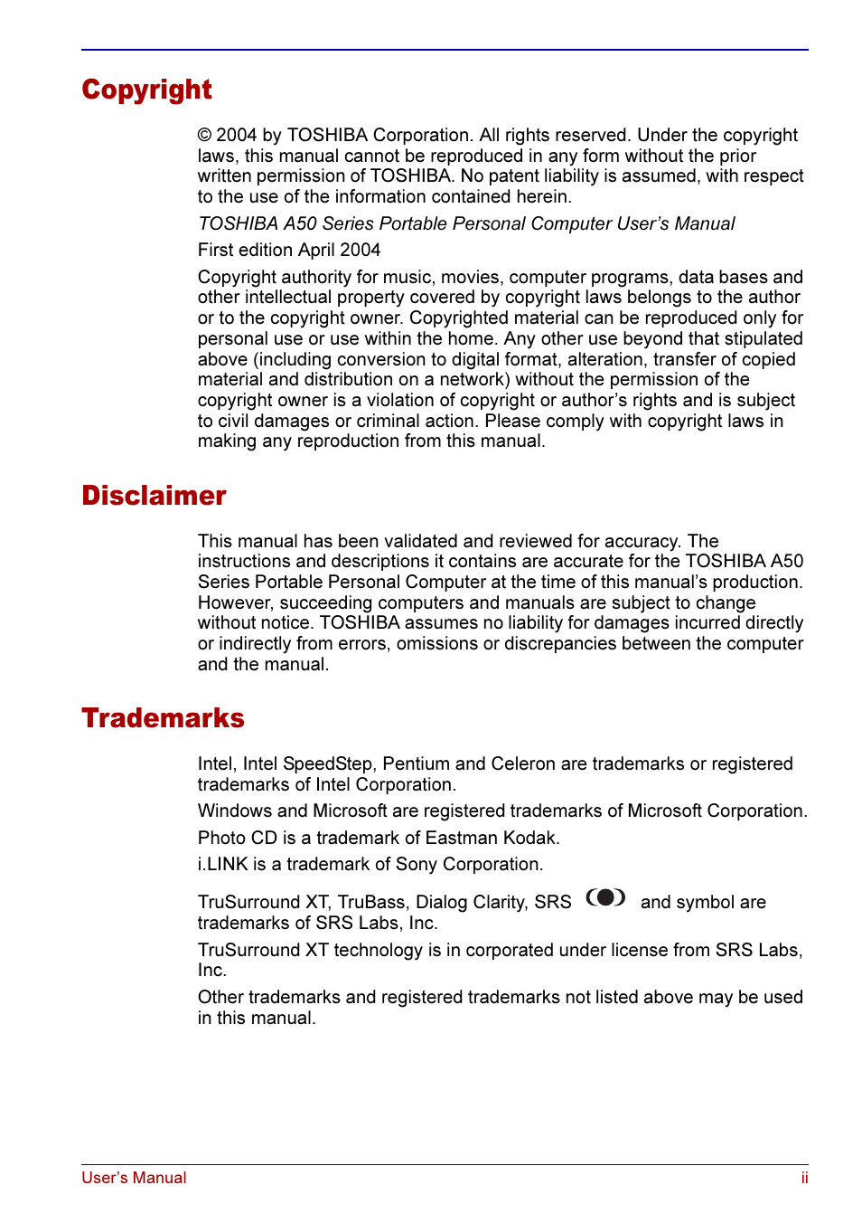 Copyright, Disclaimer, Trademarks | Toshiba A50 User Manual | Page 2 / 211