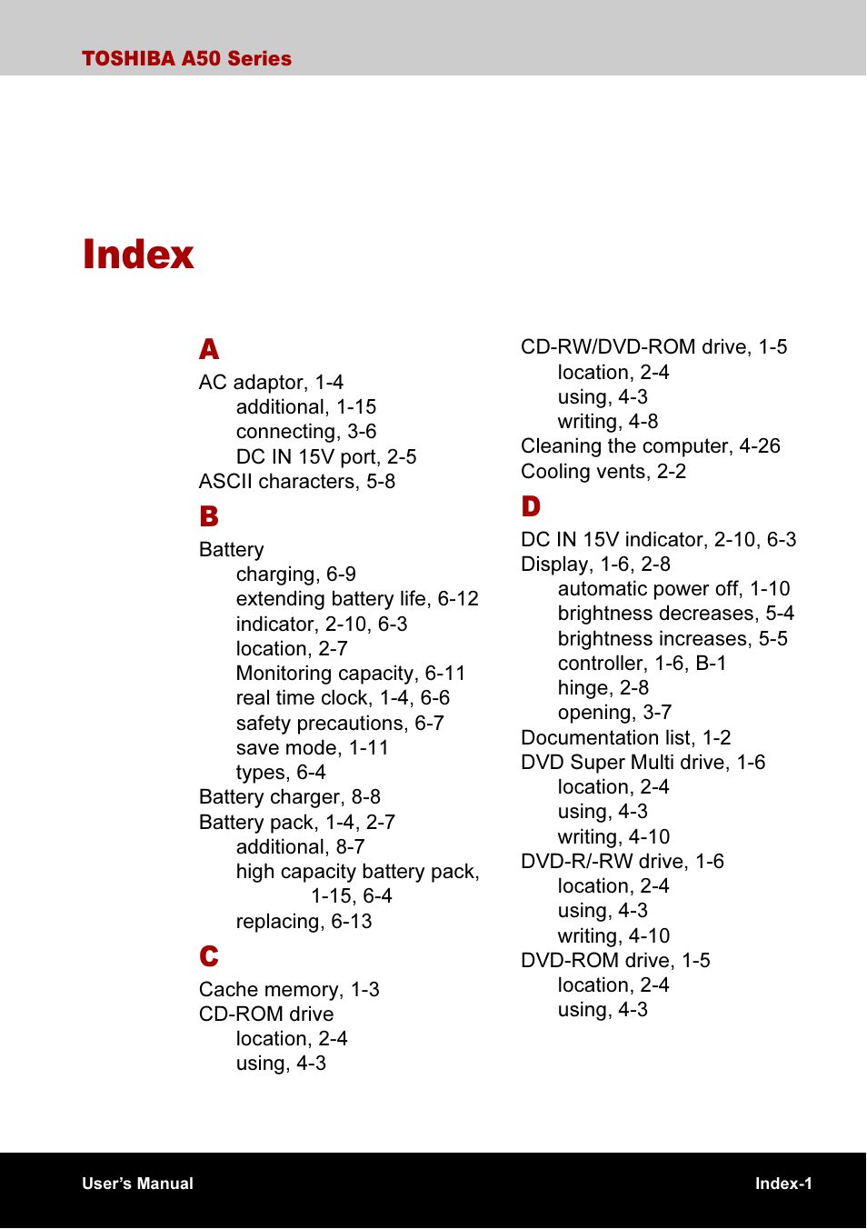 Index | Toshiba A50 User Manual | Page 207 / 211