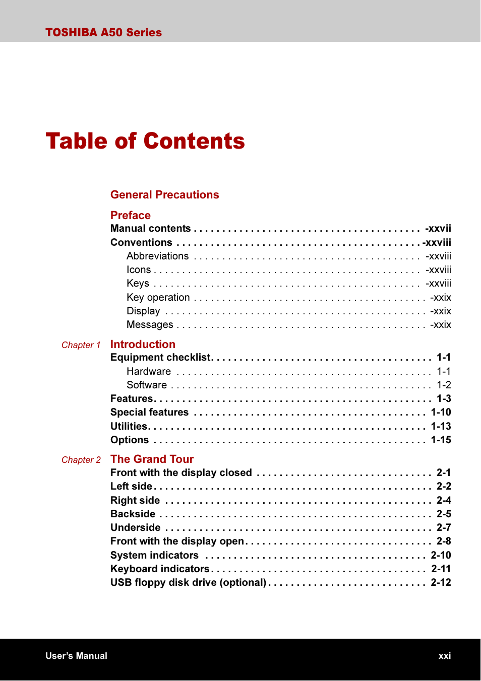 Toshiba A50 User Manual | Page 21 / 211