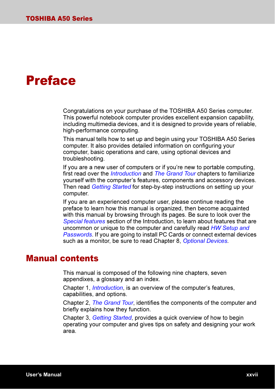 Preface, Manual contents | Toshiba A50 User Manual | Page 27 / 211