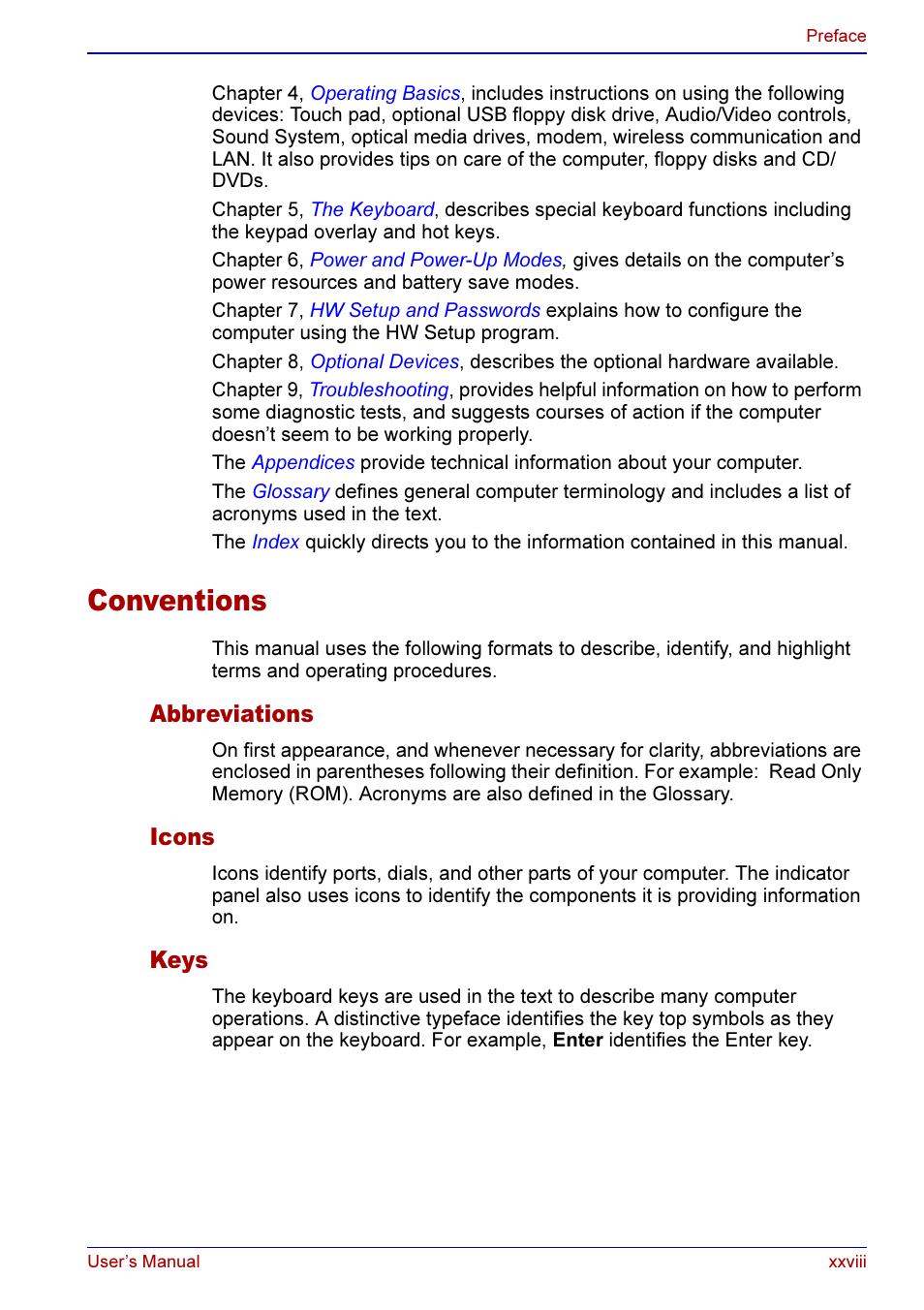 Conventions, Abbreviations, Icons | Keys | Toshiba A50 User Manual | Page 28 / 211