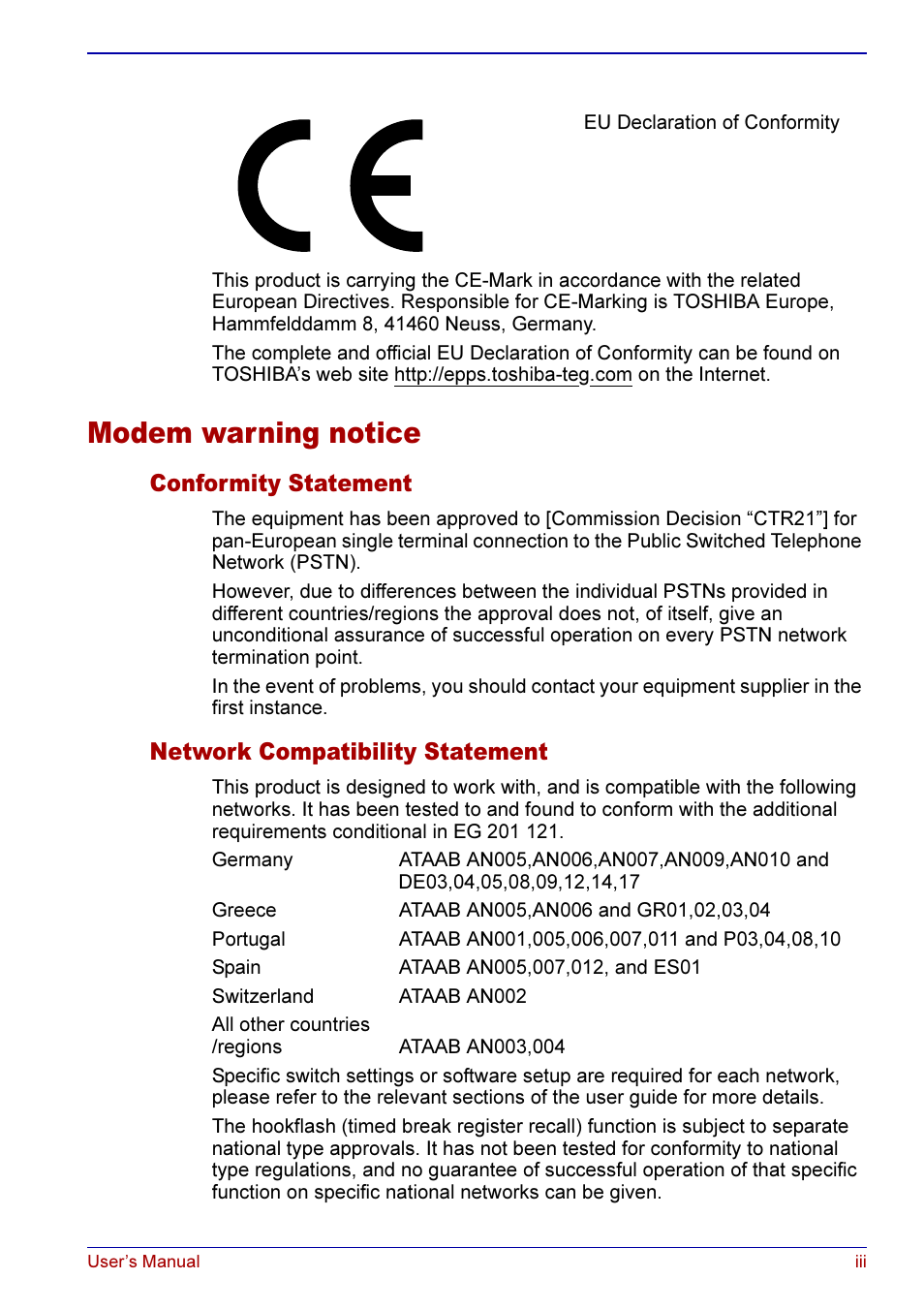 Modem warning notice, Conformity statement, Network compatibility statement | Toshiba A50 User Manual | Page 3 / 211