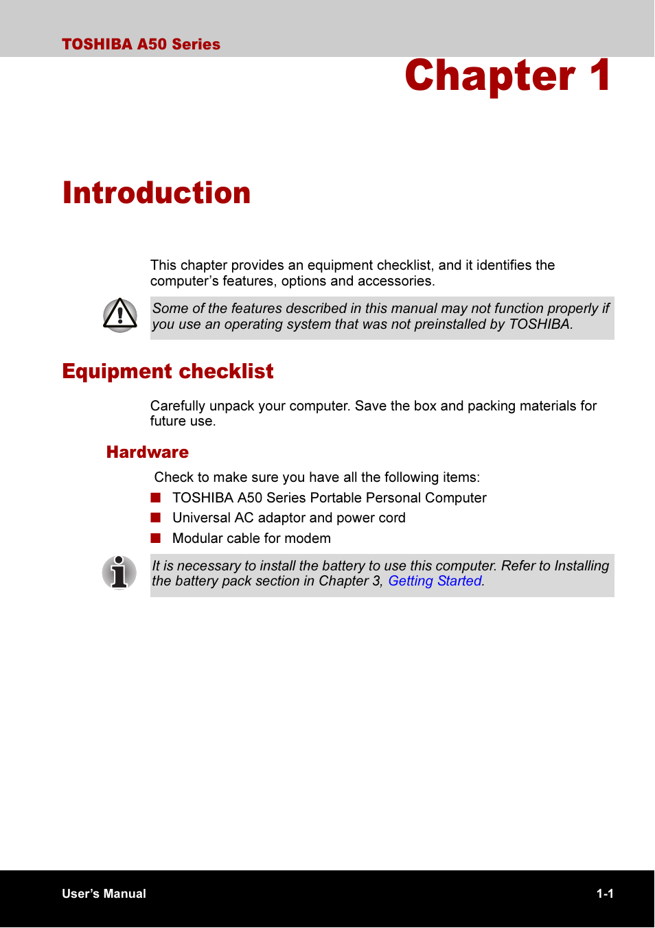 Chapter 1 introduction, Chapter 1, Introduction | Equipment checklist -1, Hardware -1, Equipment checklist | Toshiba A50 User Manual | Page 30 / 211