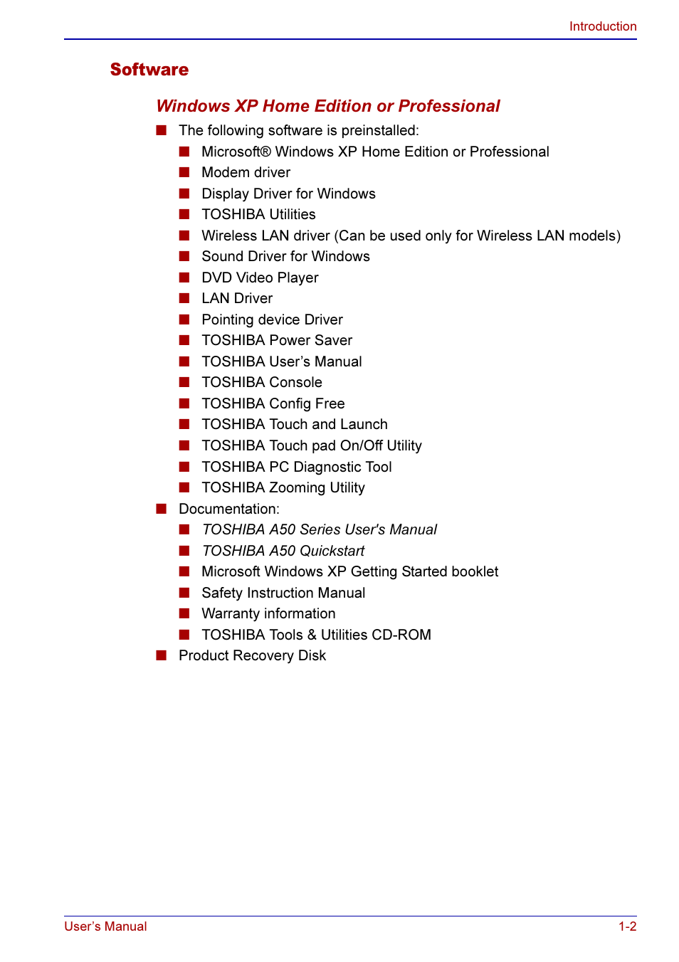 Software -2, Software | Toshiba A50 User Manual | Page 31 / 211