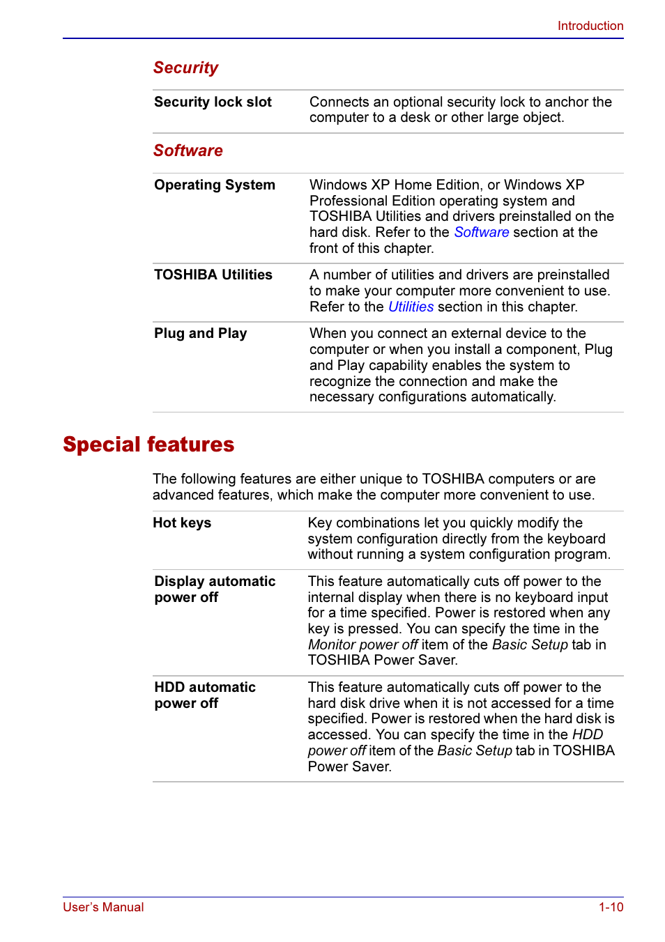 Special features -10, Special features | Toshiba A50 User Manual | Page 39 / 211