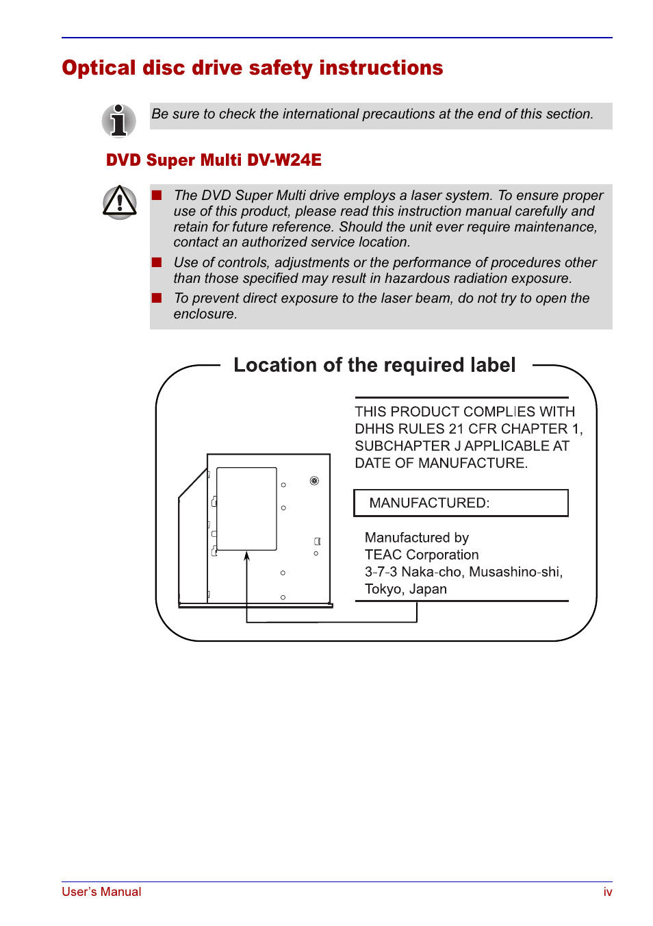 Optical disc drive safety instructions | Toshiba A50 User Manual | Page 4 / 211