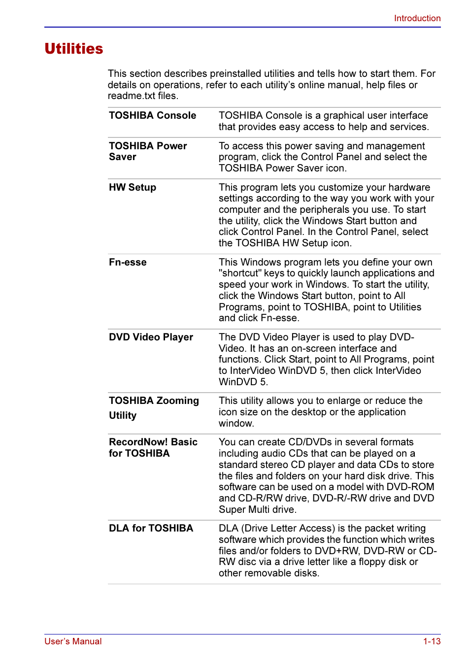 Utilities -13, R to the, Utilities | Toshiba A50 User Manual | Page 42 / 211
