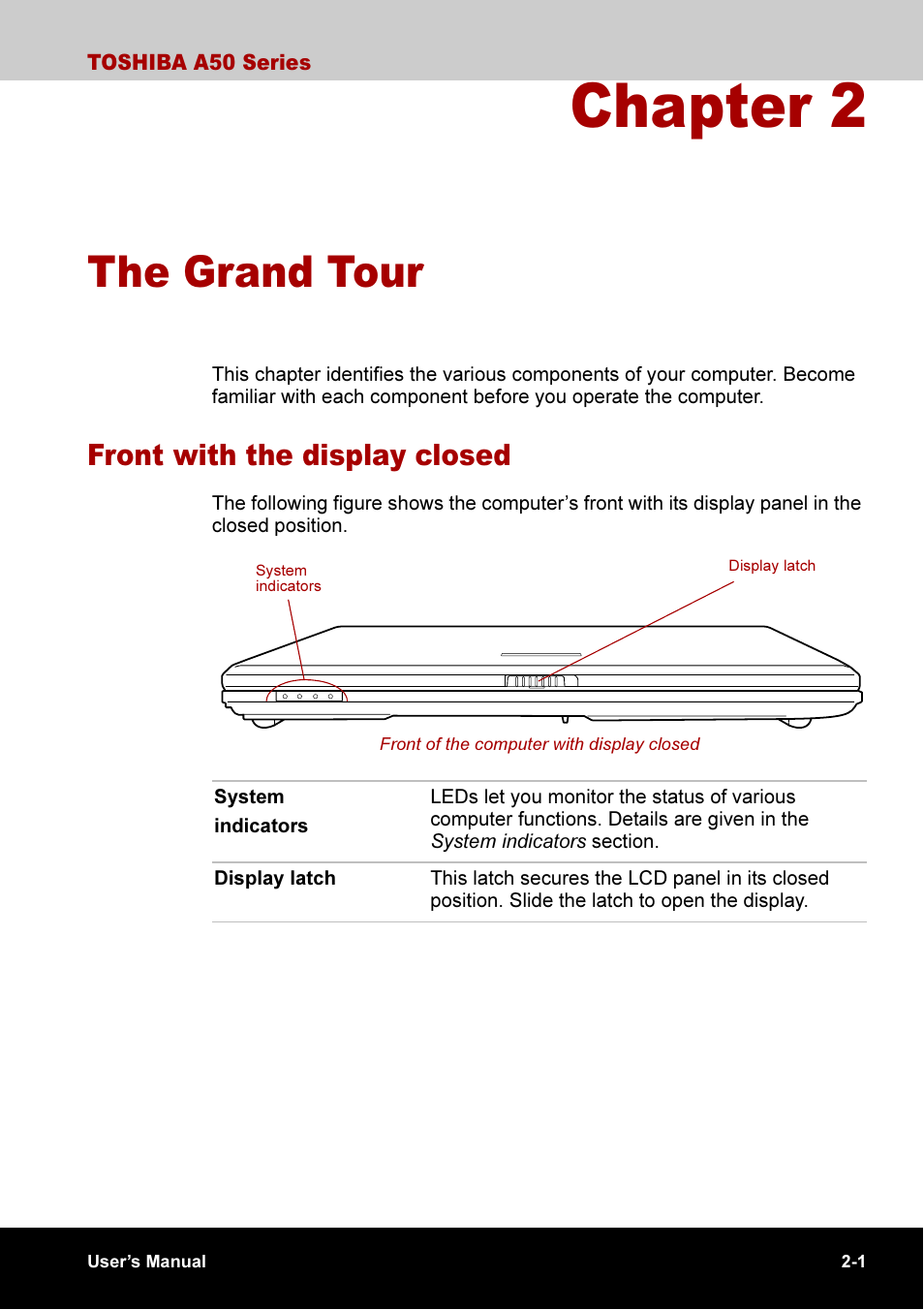 Chapter 2 the grand tour, Chapter 2, The grand tour | Front with the display closed -1, Front with the display closed | Toshiba A50 User Manual | Page 45 / 211