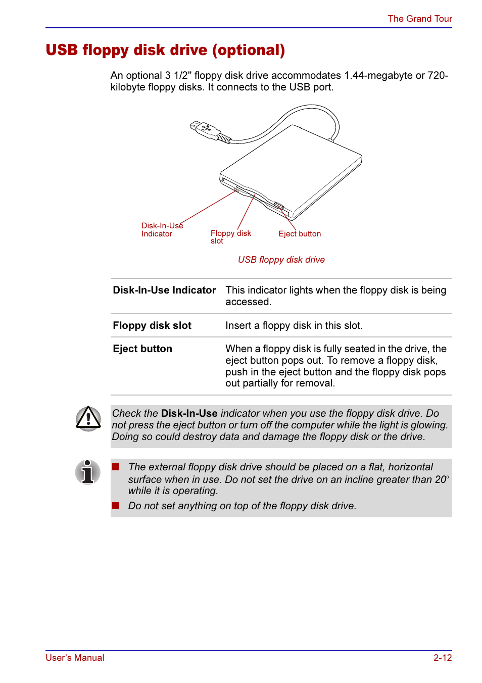 Usb floppy disk drive (optional) -12, Usb floppy disk drive (optional) | Toshiba A50 User Manual | Page 56 / 211