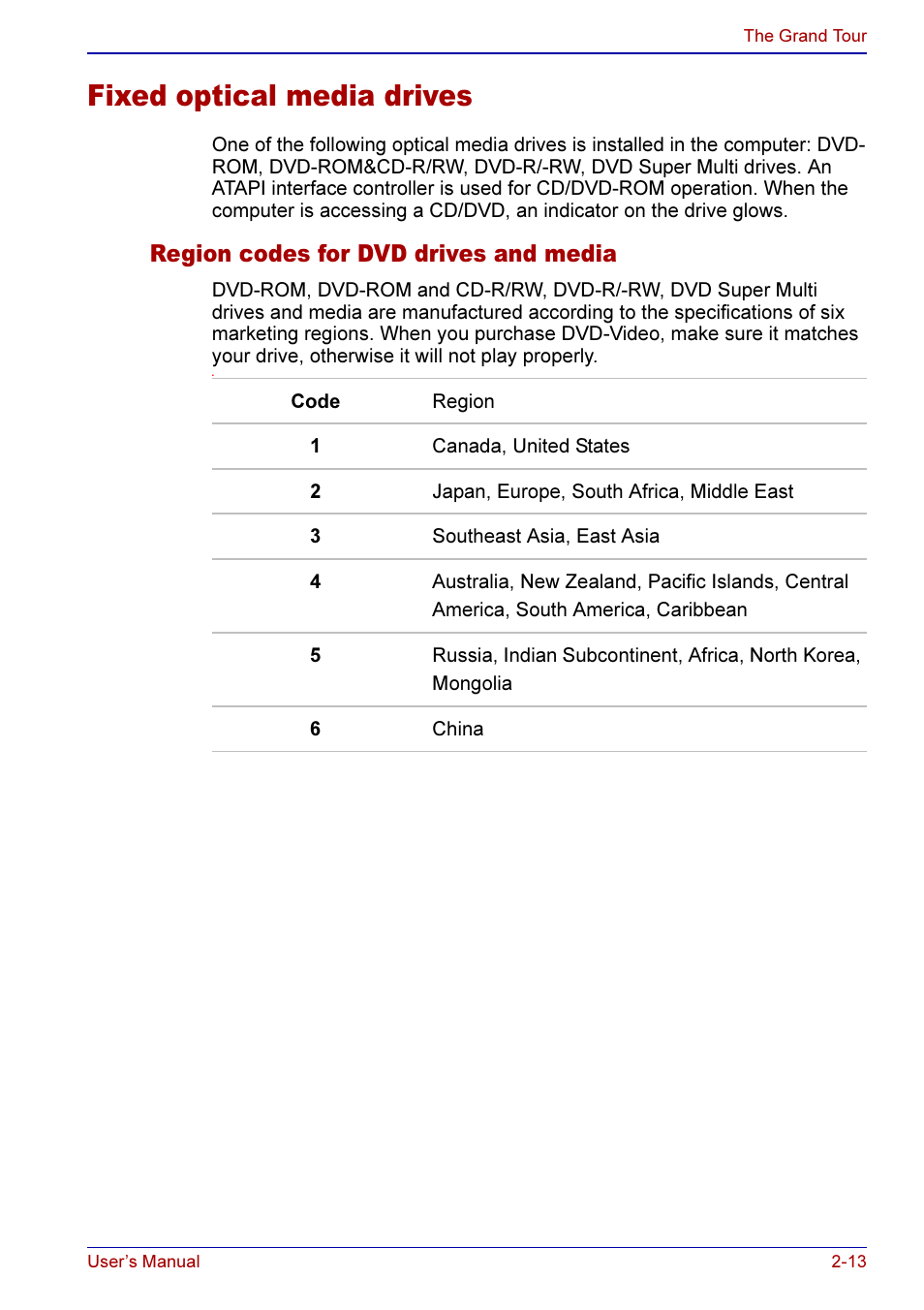 Fixed optical media drives -13, Region codes for dvd drives and media -13, Fixed optical media drives | Region codes for dvd drives and media | Toshiba A50 User Manual | Page 57 / 211