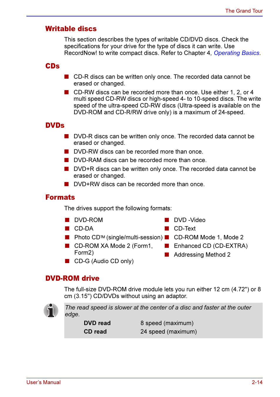 Writable discs, Dvds, Formats | Dvd-rom drive | Toshiba A50 User Manual | Page 58 / 211