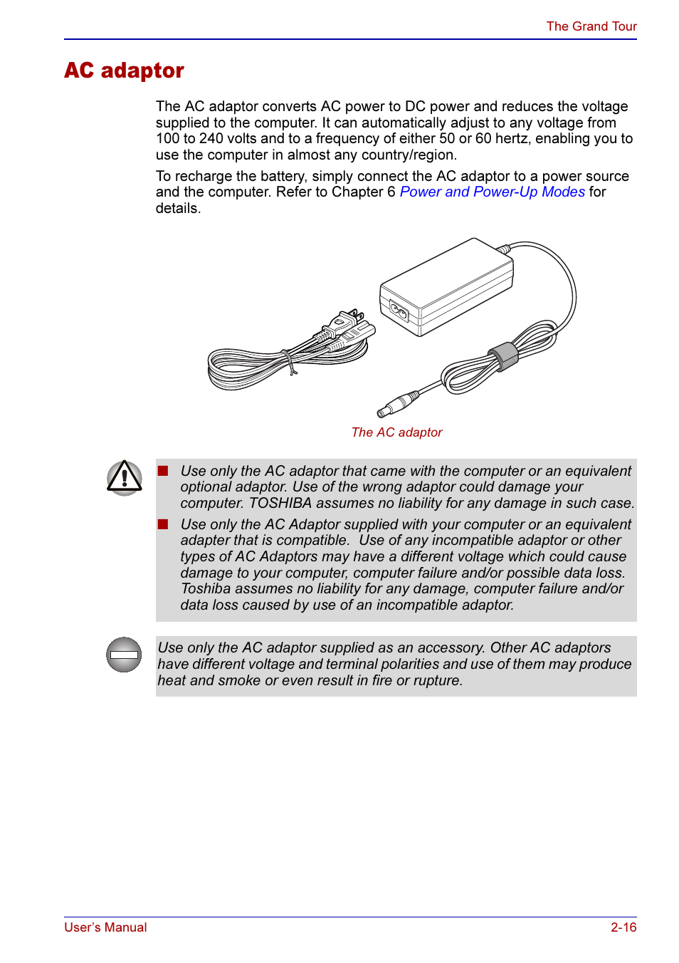 Ac adaptor -16, Ac adaptor | Toshiba A50 User Manual | Page 60 / 211