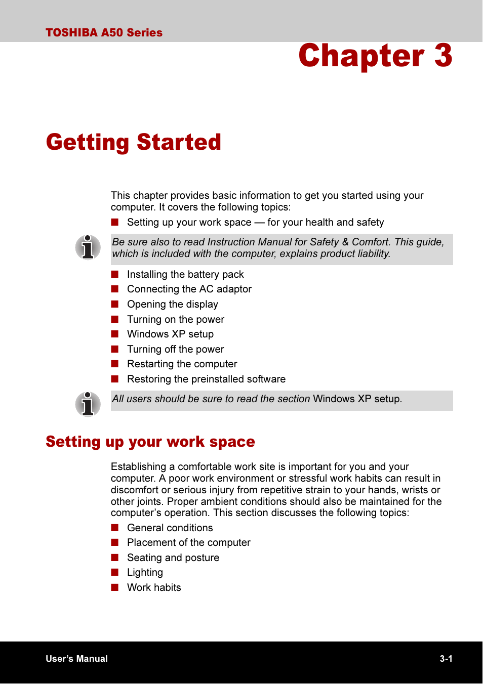 Chapter 3 getting started, Chapter 3, Getting started | Setting up your work space -1, Setting up your work space | Toshiba A50 User Manual | Page 61 / 211