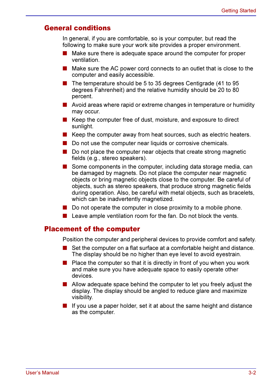 General conditions -2 placement of the computer -2, General conditions, Placement of the computer | Toshiba A50 User Manual | Page 62 / 211