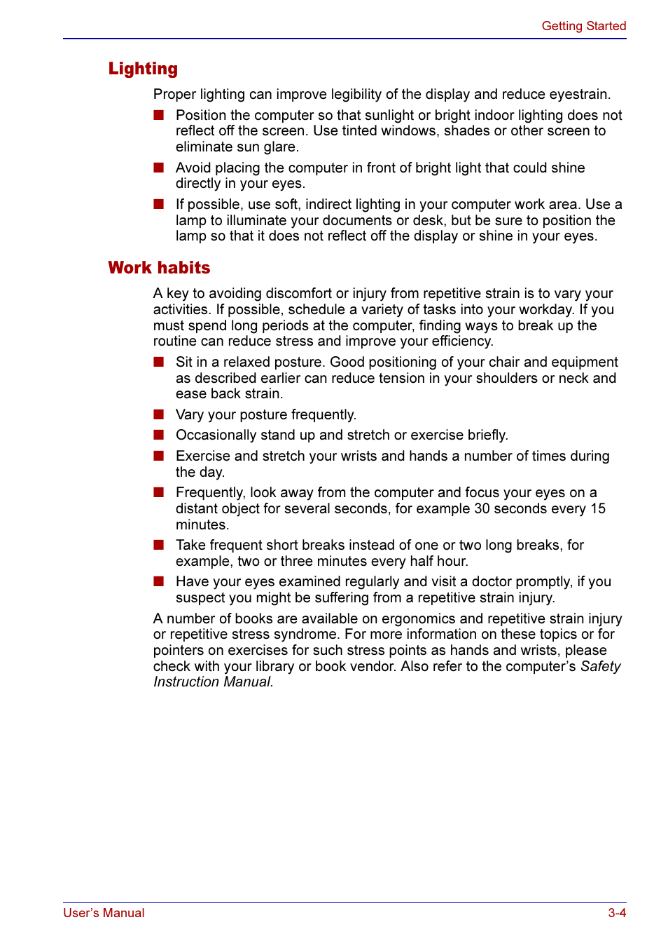 Lighting -4 work habits -4, Lighting, Work habits | Toshiba A50 User Manual | Page 64 / 211