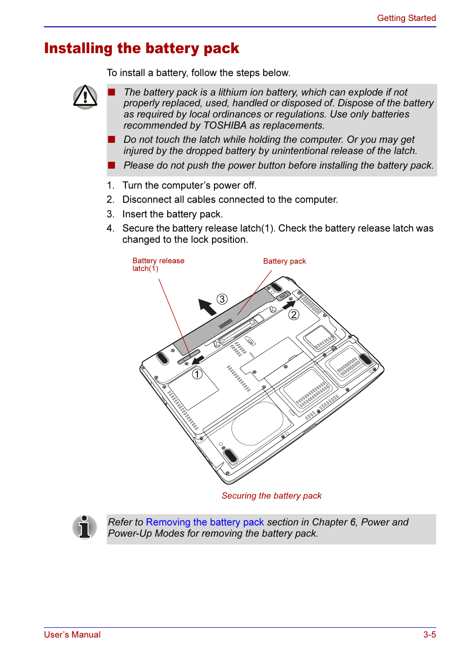 Installing the battery pack -5, Installing the battery pack | Toshiba A50 User Manual | Page 65 / 211