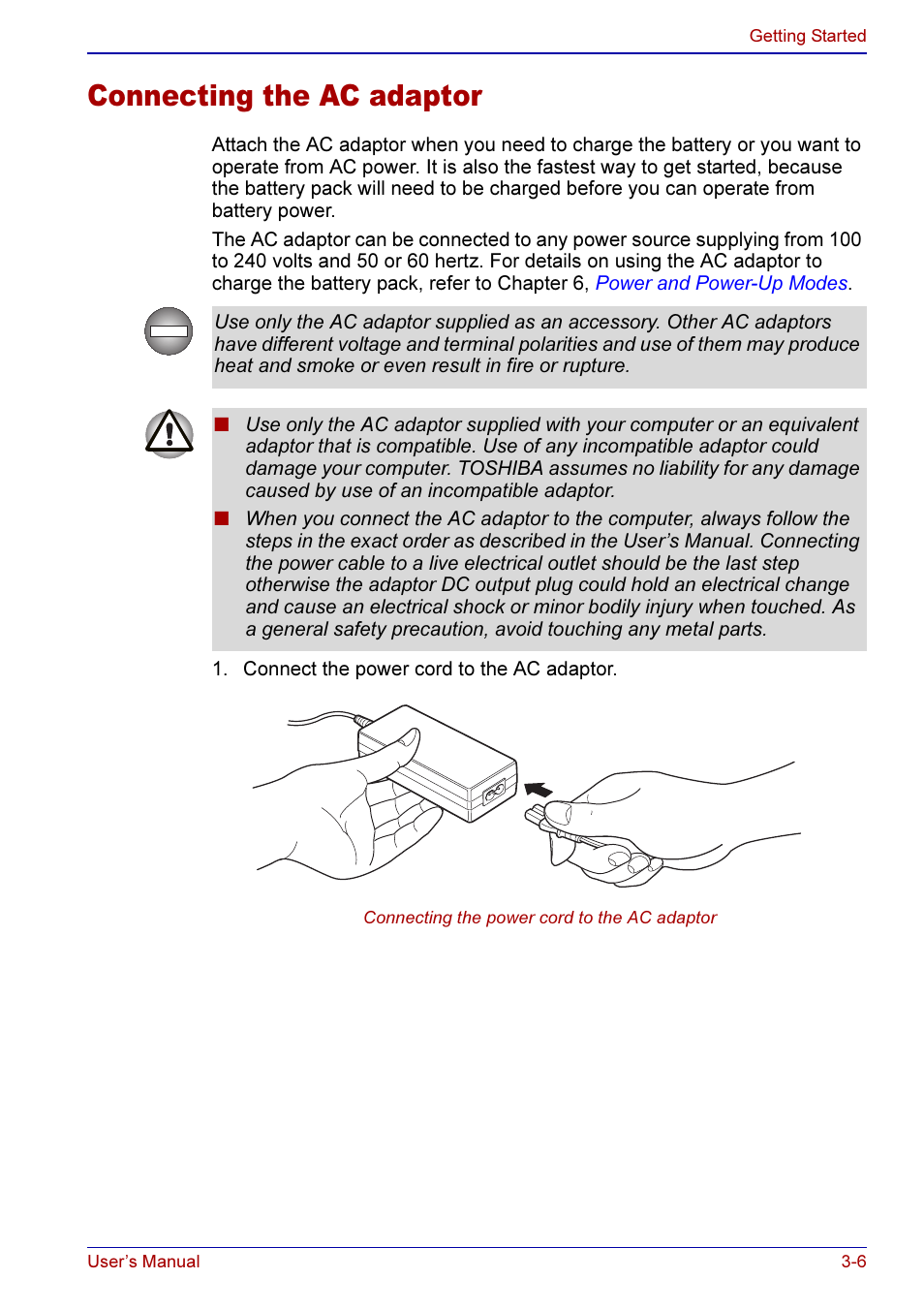 Connecting the ac adaptor -6, Connecting the ac adaptor | Toshiba A50 User Manual | Page 66 / 211