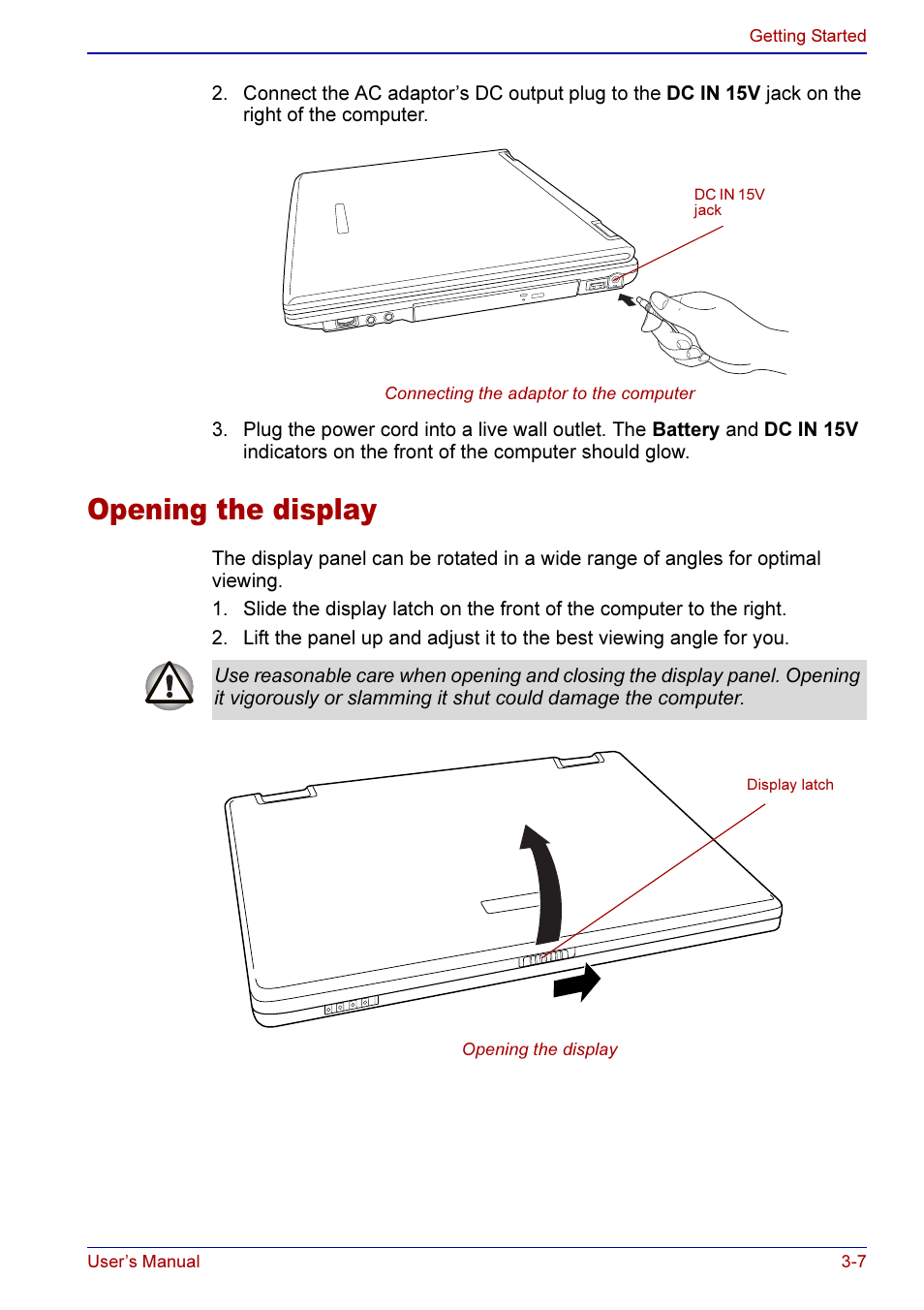 Opening the display -7, Opening the display | Toshiba A50 User Manual | Page 67 / 211