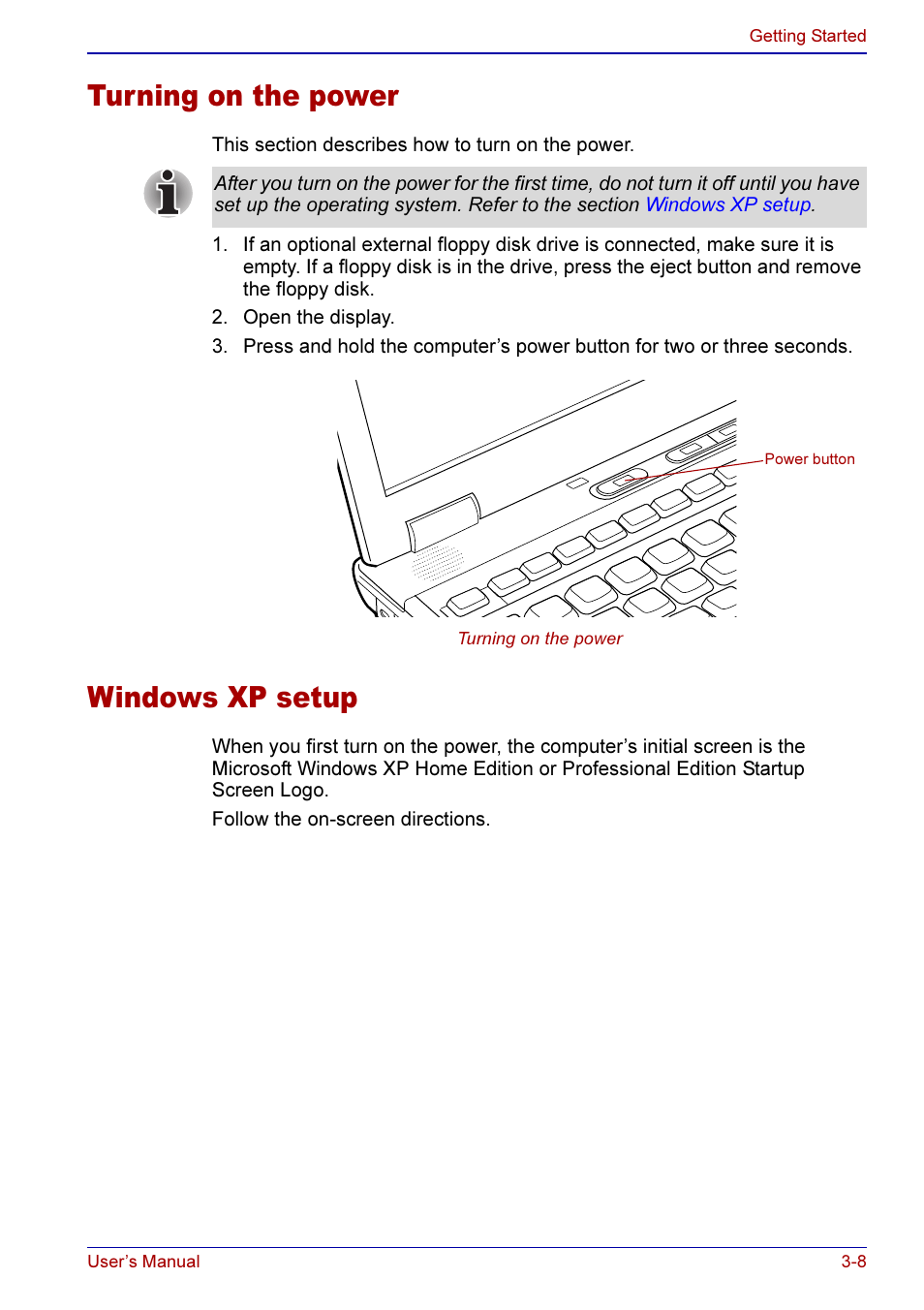 Turning on the power -8 windows xp setup -8, Turning on the power, Windows xp setup | Toshiba A50 User Manual | Page 68 / 211