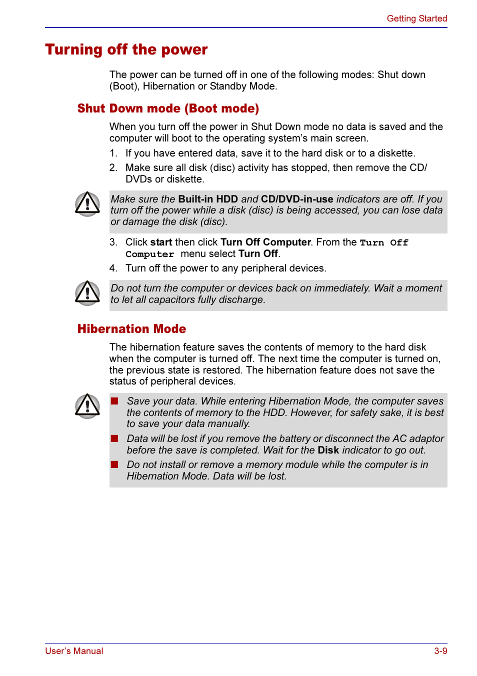 Turning off the power -9, Shut down mode (boot mode) -9 hibernation mode -9, Turning off the power | Shut down mode (boot mode), Hibernation mode | Toshiba A50 User Manual | Page 69 / 211